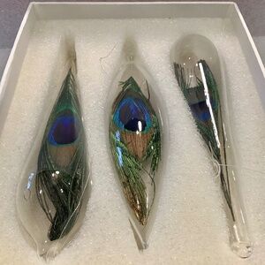Vintage Glass Teardrop Christmas Ornament with Peacock Feather Inside Set of 3